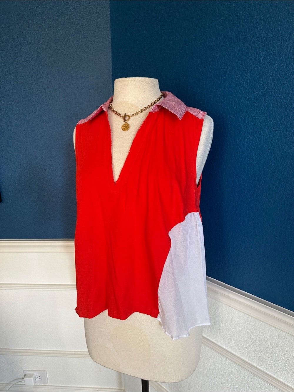 Anthropologie Red Sleeveless V-Neck Tank with White Side Panel